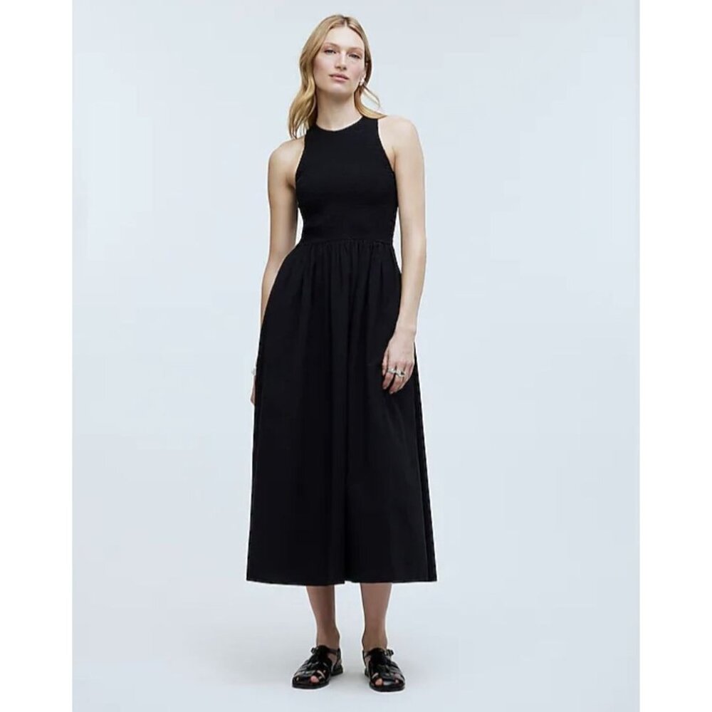 MADEWELL The Melody Smocked Poplin Midi Dress Black NWT